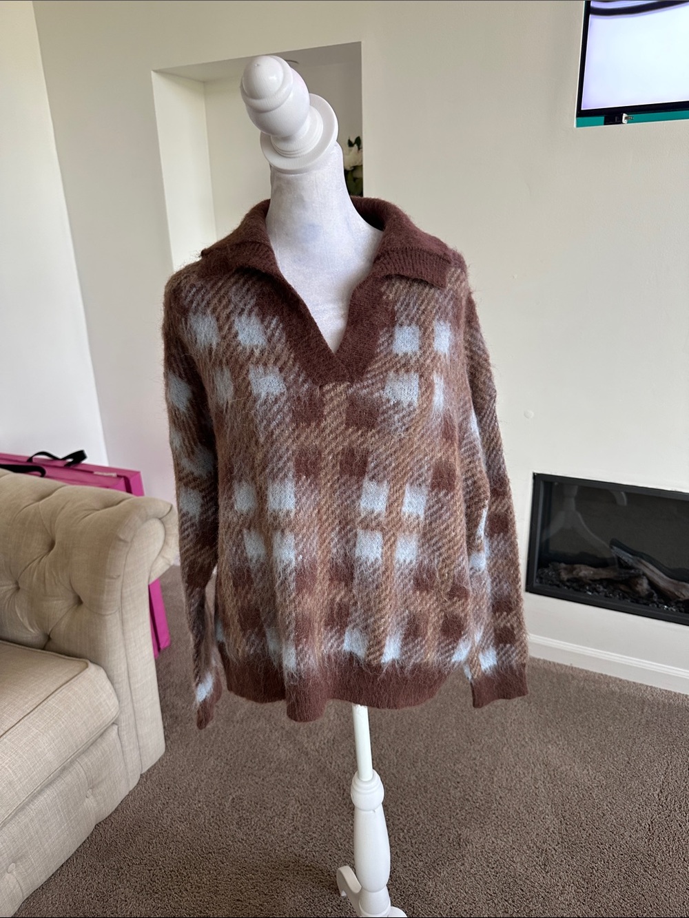Woven Heart Brown and Light Blue Plaid V-Neck Sweater